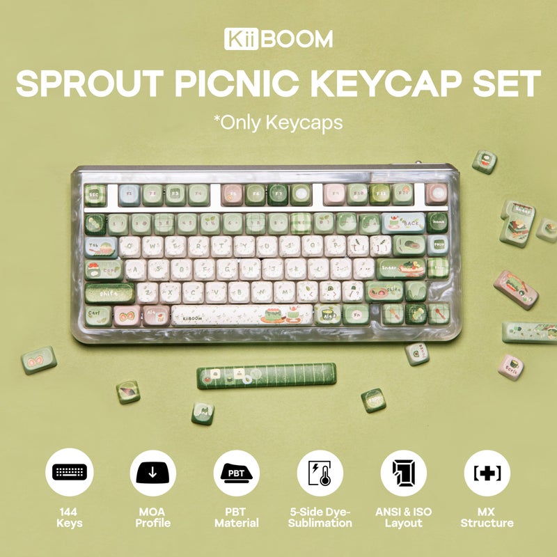 KiiBoom Sprout Picnic Keycap Set, 144 Keys MOA Profile PBT Keycaps for Mechanical Keyboard, Compatible with ANSI/ISO, 60%, 65%, 75%, TKL, Full-Sized Layout - Image 2