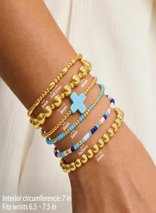 CARITATE Gold Beaded Bracelets for Women: Gold Bracelets for Women Trendy Gold Bracelet Stack Sets for Women - 14k Gold Bead Stretch Bracelets for Women Non Tarnish Gold Plated Stackable Stretch Bracelets, One - Image 4