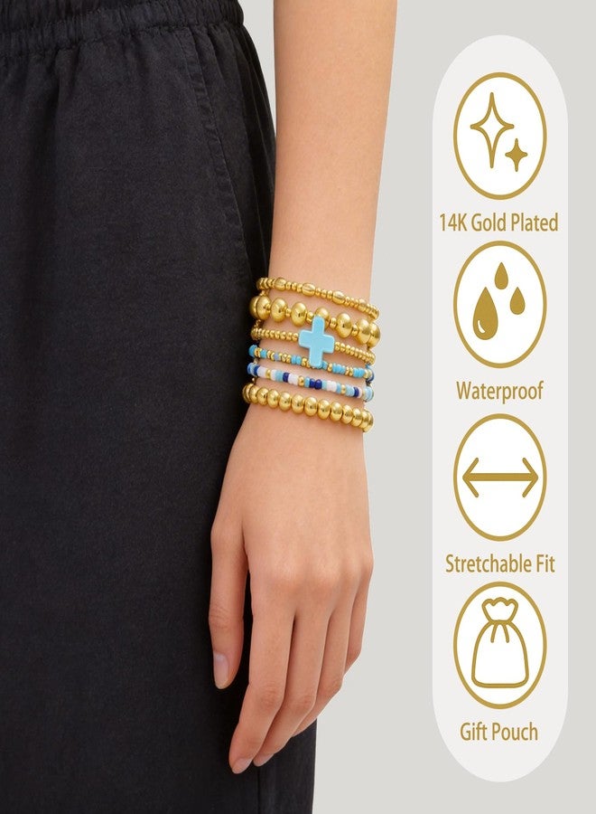 CARITATE Gold Beaded Bracelets for Women: Gold Bracelets for Women Trendy Gold Bracelet Stack Sets for Women - 14k Gold Bead Stretch Bracelets for Women Non Tarnish Gold Plated Stackable Stretch Bracelets, One - Image 3
