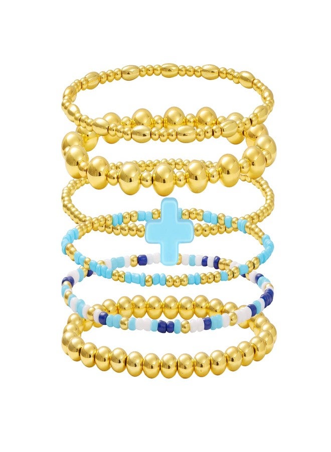 CARITATE Gold Beaded Bracelets for Women: Gold Bracelets for Women Trendy Gold Bracelet Stack Sets for Women - 14k Gold Bead Stretch Bracelets for Women Non Tarnish Gold Plated Stackable Stretch Bracelets, One - Image 1