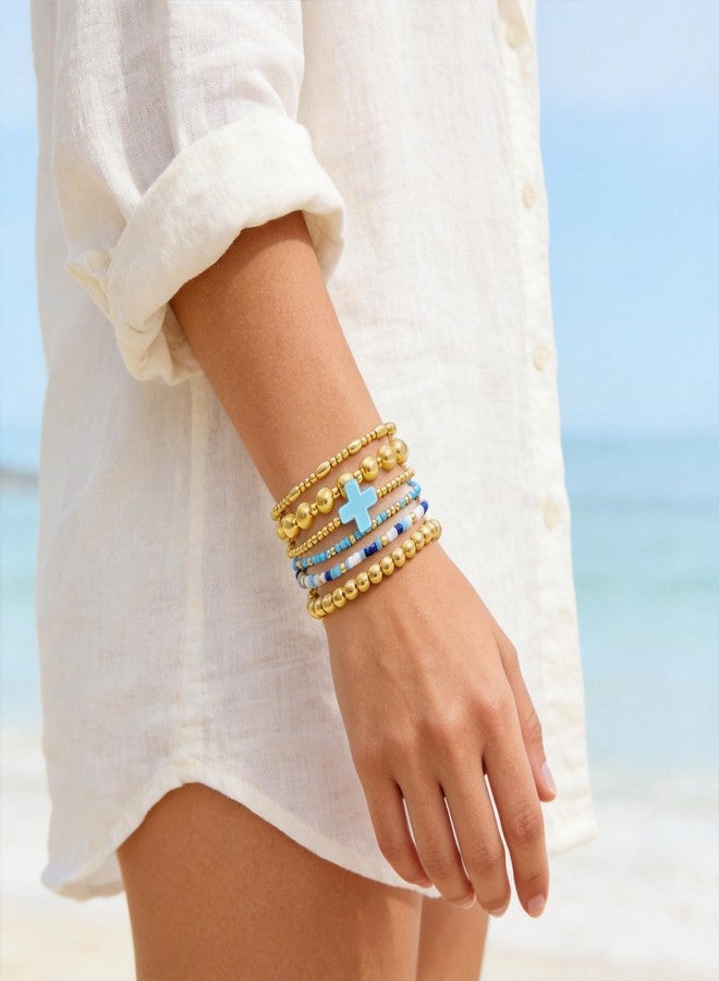 CARITATE Gold Beaded Bracelets for Women: Gold Bracelets for Women Trendy Gold Bracelet Stack Sets for Women - 14k Gold Bead Stretch Bracelets for Women Non Tarnish Gold Plated Stackable Stretch Bracelets, One - Image 2