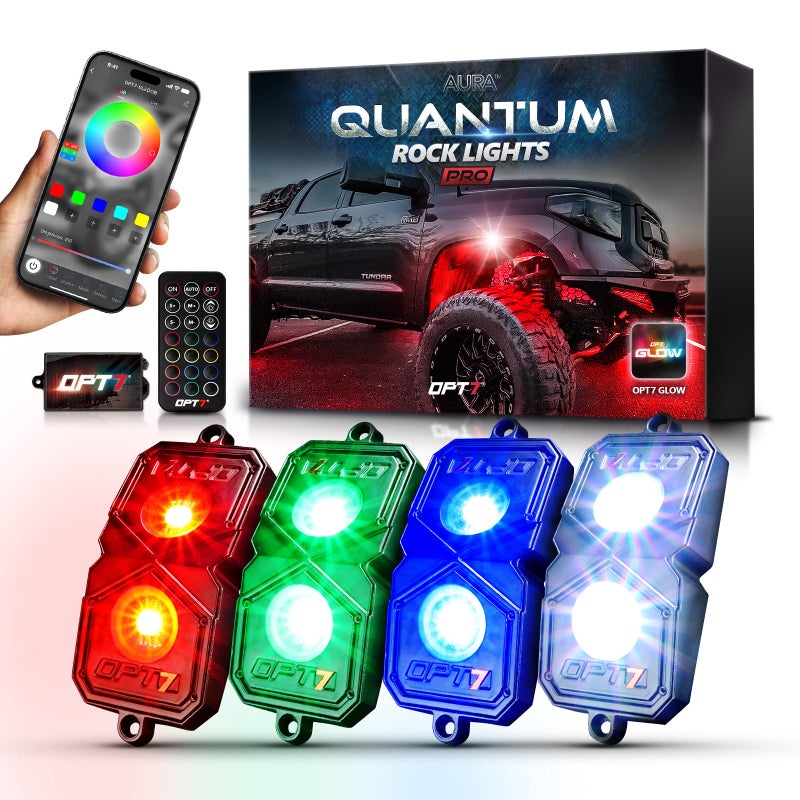 OPT7 Quantum Pro RGBW LED Rock Lights with Bluetooth APP and Remote Control 4 Pods Wide Angle Multicolor Neon Underglow Lighting Kit with Extension Wire IP68 Waterproof for Offroad Truck ATV UTV SUV