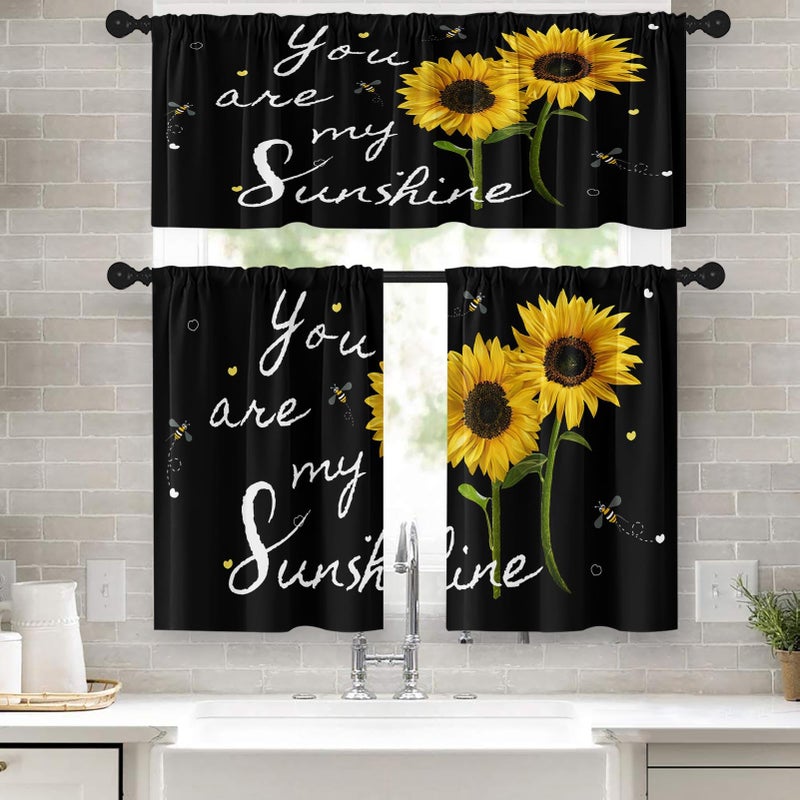 Tayney Tayney Sunflower Kitchen Curtains Summer Bees Window Curtains Valance and Tier Set 36 Inch Watercolor Sunshine Rod Pocket Short Tier Curtain Black Background Small Kitchen Decor 