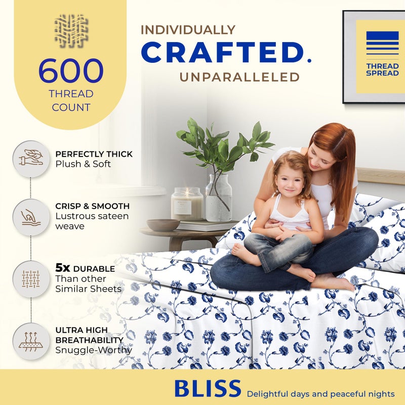 THREAD SPREAD 100% Egyptian Cotton Printed Bed Sheets - 600 Thread Count 4 PC Queen Sheet Set, Hotel Luxury Sateen Bedsheets, 16" Deep Pocket Soft Cooling Sheets for Queen Size Bed - Floral Blue - Image 2