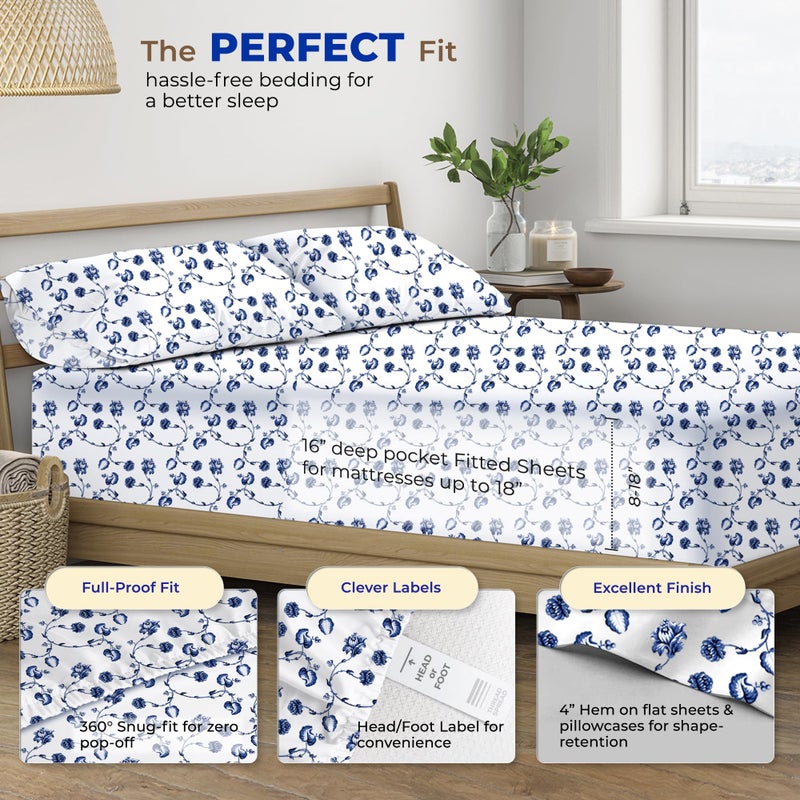 THREAD SPREAD 100% Egyptian Cotton Printed Bed Sheets - 600 Thread Count 4 PC Queen Sheet Set, Hotel Luxury Sateen Bedsheets, 16" Deep Pocket Soft Cooling Sheets for Queen Size Bed - Floral Blue - Image 4