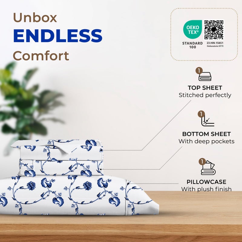 THREAD SPREAD 100% Egyptian Cotton Printed Bed Sheets - 600 Thread Count 4 PC Queen Sheet Set, Hotel Luxury Sateen Bedsheets, 16" Deep Pocket Soft Cooling Sheets for Queen Size Bed - Floral Blue - Image 3
