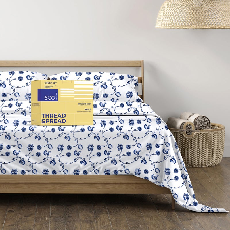 THREAD SPREAD 100% Egyptian Cotton Printed Bed Sheets - 600 Thread Count 4 PC Queen Sheet Set, Hotel Luxury Sateen Bedsheets, 16" Deep Pocket Soft Cooling Sheets for Queen Size Bed - Floral Blue - Image 1