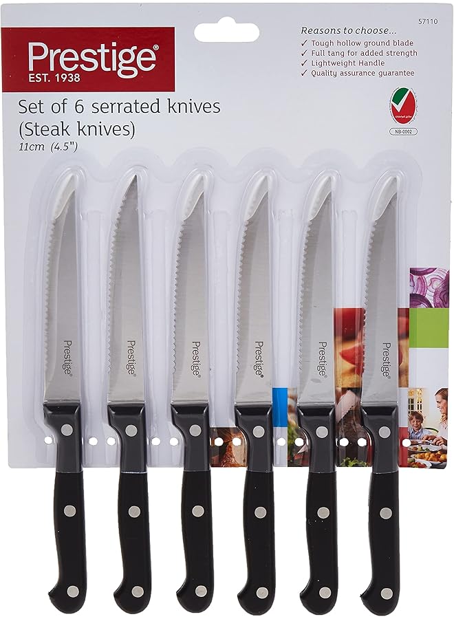 Prestige Stainless Steel Serrated 6 Piece Steak Knives Ultra Sharp Blade Multifunctional Black - Image 1