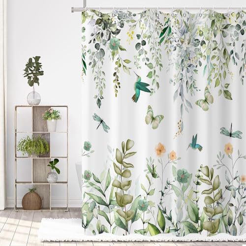 Caheansi Spring Shower Curtain, Colorful Flower Hummingbirds Butterflies Green Watercolor Leaf Botanical Bathroom Curtain Waterproof Fabric Machine Washable with Hooks, 72" Wx72 L - Image 2