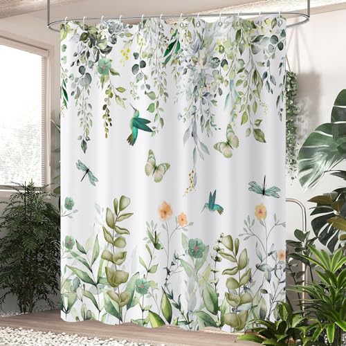 Caheansi Spring Shower Curtain, Colorful Flower Hummingbirds Butterflies Green Watercolor Leaf Botanical Bathroom Curtain Waterproof Fabric Machine Washable with Hooks, 72" Wx72 L - Image 3