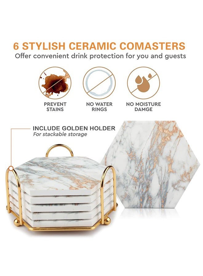 Geila Coasters for Drinks, 6pcs Coasters for Coffee Table, Marble Coasters for Drinks Absorbent with Metal Holder, Gold Cup Coasters Set Rustic Home Decor for Living Room Bar - Housewarming Gifts - Image 2