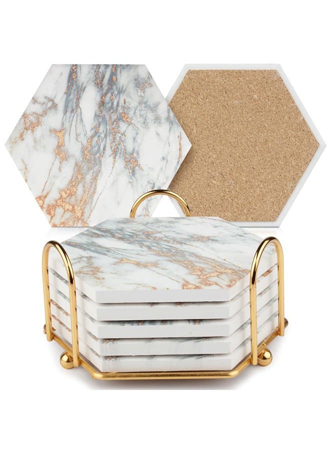Geila Coasters for Drinks, 6pcs Coasters for Coffee Table, Marble Coasters for Drinks Absorbent with Metal Holder, Gold Cup Coasters Set Rustic Home Decor for Living Room Bar - Housewarming Gifts - Image 1