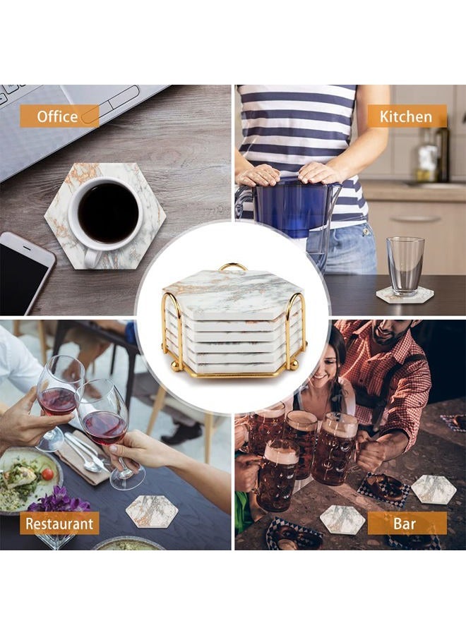 Geila Coasters for Drinks, 6pcs Coasters for Coffee Table, Marble Coasters for Drinks Absorbent with Metal Holder, Gold Cup Coasters Set Rustic Home Decor for Living Room Bar - Housewarming Gifts - Image 5