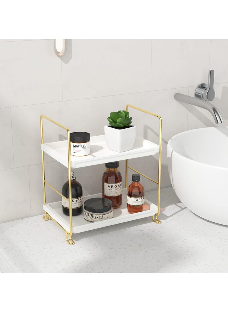 Captaintech Bathroom Countertop Organizer, 2-tier Bathroom Organizer Counter Organizer and Storage Shelf Vanity Storage Tray Skincare Organizer (Gold, White) - Image 2