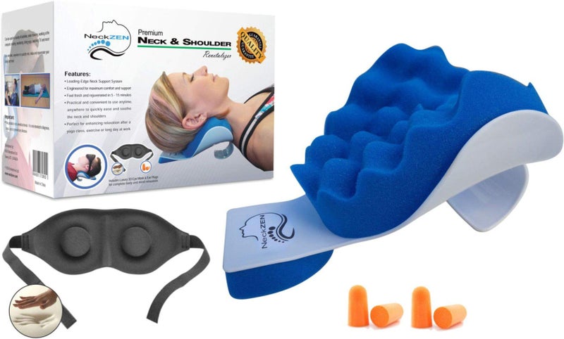 NeckZen Neck and Shoulder Relaxer Chiropractic Support Pillow and Cervical Traction Device for Spine Alignment Pain Relief Relaxation and Stretching Blue and White