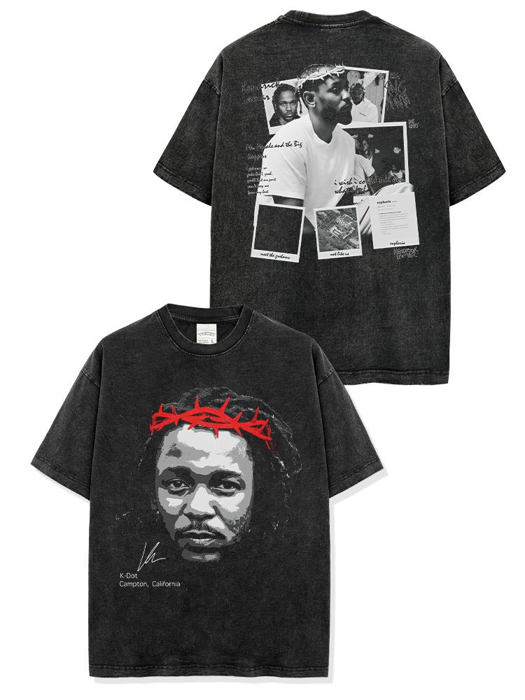 Retro American K. Dot Kenny Kendrick Printed Washed Short Sleeve T-Shirt Heavy Cotton T - Image 2