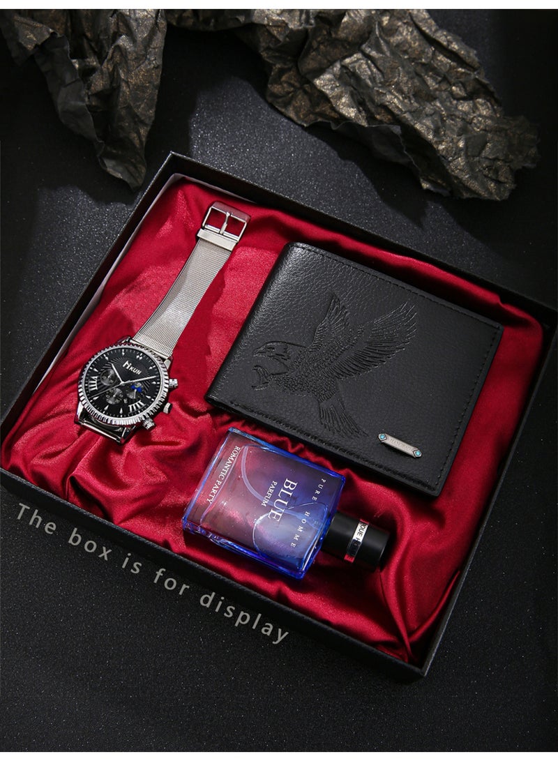 Fashion casual men's watch set, matched with wallet and perfume, is the perfect holiday birthday gift for him