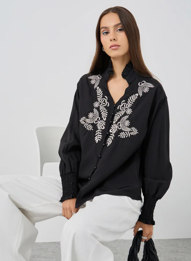 تايك تو Take Two Floral Embroidery Buttoned Oversized Shirt