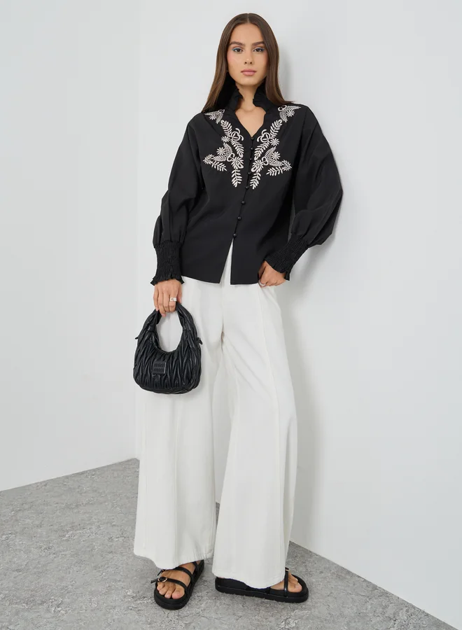 تايك تو Take Two Floral Embroidery Buttoned Oversized Shirt