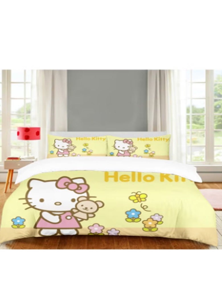Cartoon Sanrio Hello Kitty pattern bedding three-piece set of soft microfiber polyester sheets including duvet cover and two pillowcases (size 150cmX200cm)