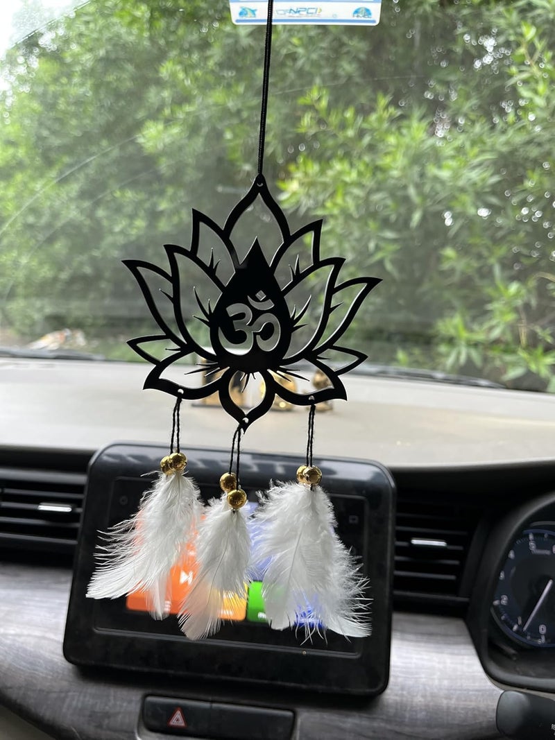 Rukshv Decorative Car Rearview Mirror Hanging with Feathers, Acrylic Spiritual Accessory for Home, Car, Office Interior Decor (om with Lotus) - Image 1
