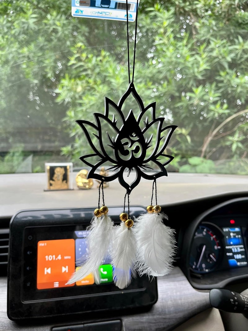 Rukshv Decorative Car Rearview Mirror Hanging with Feathers, Acrylic Spiritual Accessory for Home, Car, Office Interior Decor (om with Lotus) - Image 3