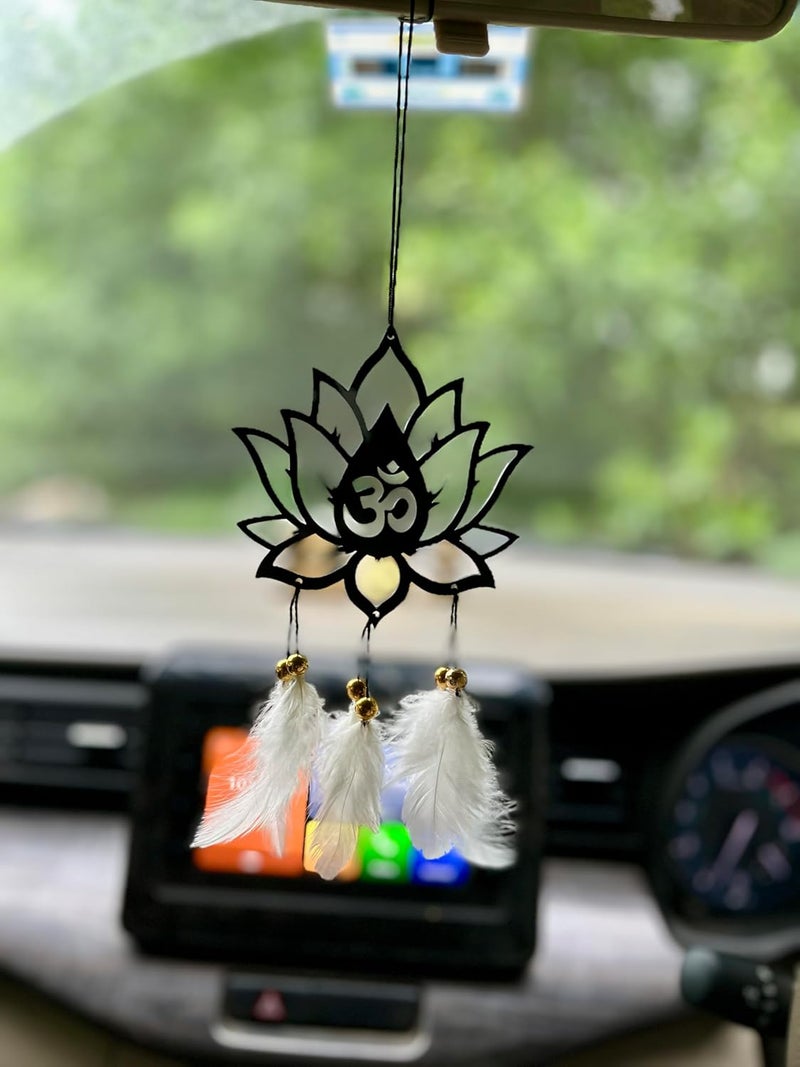 Rukshv Decorative Car Rearview Mirror Hanging with Feathers, Acrylic Spiritual Accessory for Home, Car, Office Interior Decor (om with Lotus) - Image 2