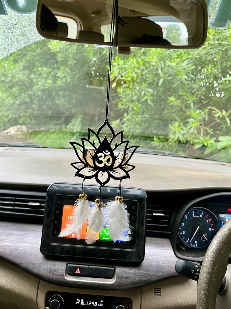 Rukshv Decorative Car Rearview Mirror Hanging with Feathers, Acrylic Spiritual Accessory for Home, Car, Office Interior Decor (om with Lotus) - Image 4