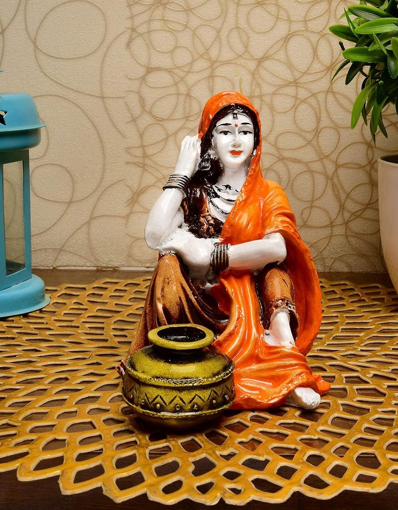 Karigaari India Handcrafted Rajasthani Lady with Water Matka Figurine | Polyresin Ethnic Indian Woman Sculpture Showpiece for Home Decor Living Room Traditional Art Statue in Orange and Brown - Image 1