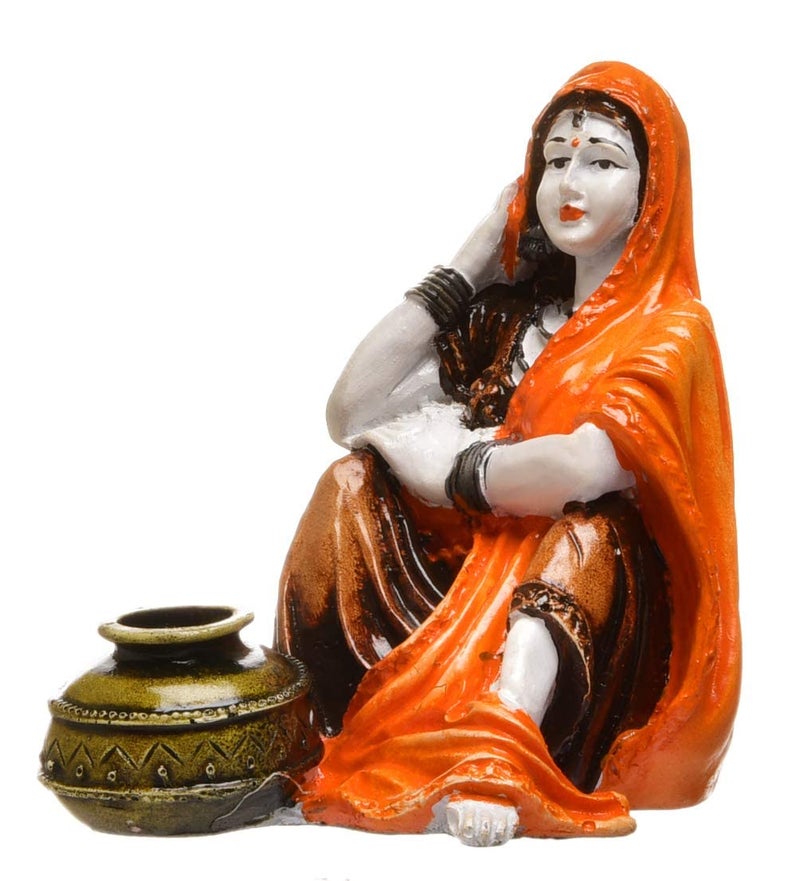 Karigaari India Handcrafted Rajasthani Lady with Water Matka Figurine | Polyresin Ethnic Indian Woman Sculpture Showpiece for Home Decor Living Room Traditional Art Statue in Orange and Brown - Image 4
