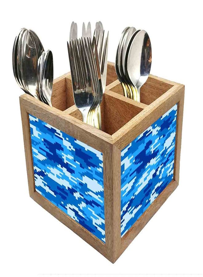 Nutcase Wooden Cutlery Stand Holder Silverware Caddy Spoons Forks Knives Organizer for Dining Table & Kitchen -Made in India-Spoons NOT Included - 8 Bit Camo Blue Navy - Image 1