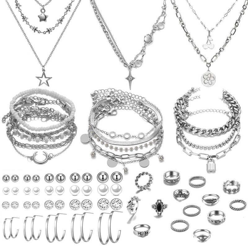 IFNODO 37pcs Silver Jewelry Set With 3 PCS Necklace, 14 PCS Bracelet, 7 PCS Ear Cuffs Earring, 6pcs Hoop Earrings,7pcs silver rings set For Women For Birthday Gifts (1009-1SL) - Image 1