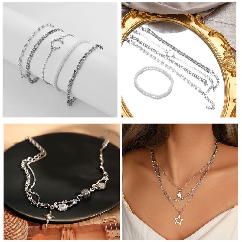 IFNODO 37pcs Silver Jewelry Set With 3 PCS Necklace, 14 PCS Bracelet, 7 PCS Ear Cuffs Earring, 6pcs Hoop Earrings,7pcs silver rings set For Women For Birthday Gifts (1009-1SL) - Image 4