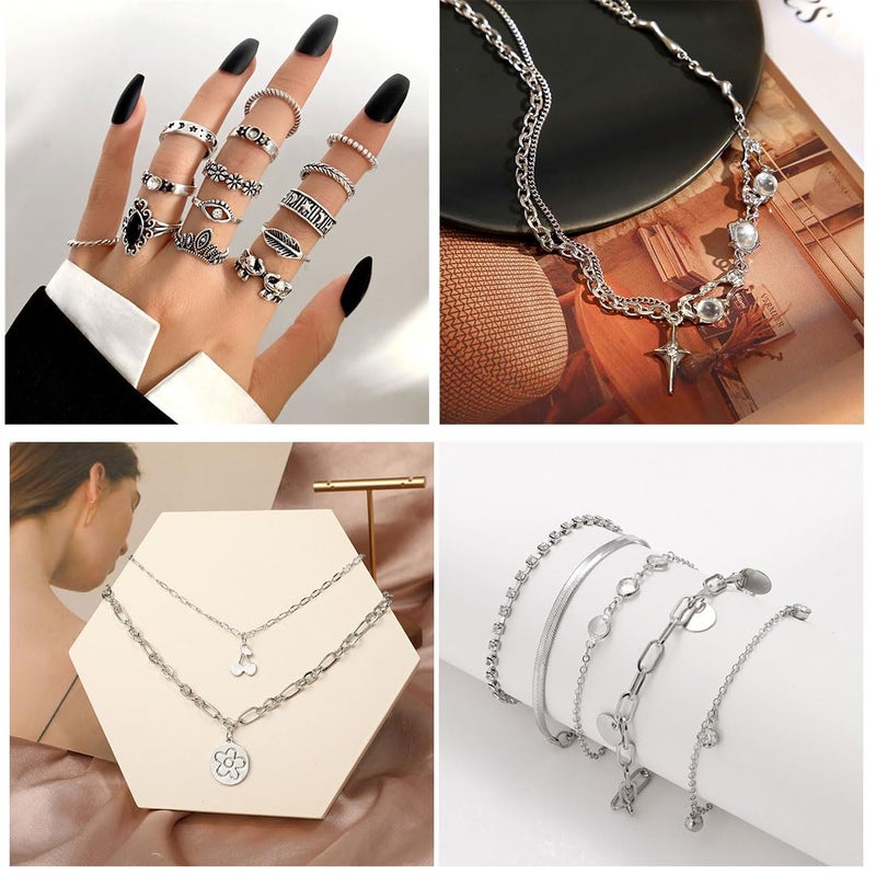 IFNODO 37pcs Silver Jewelry Set With 3 PCS Necklace, 14 PCS Bracelet, 7 PCS Ear Cuffs Earring, 6pcs Hoop Earrings,7pcs silver rings set For Women For Birthday Gifts (1009-1SL) - Image 2