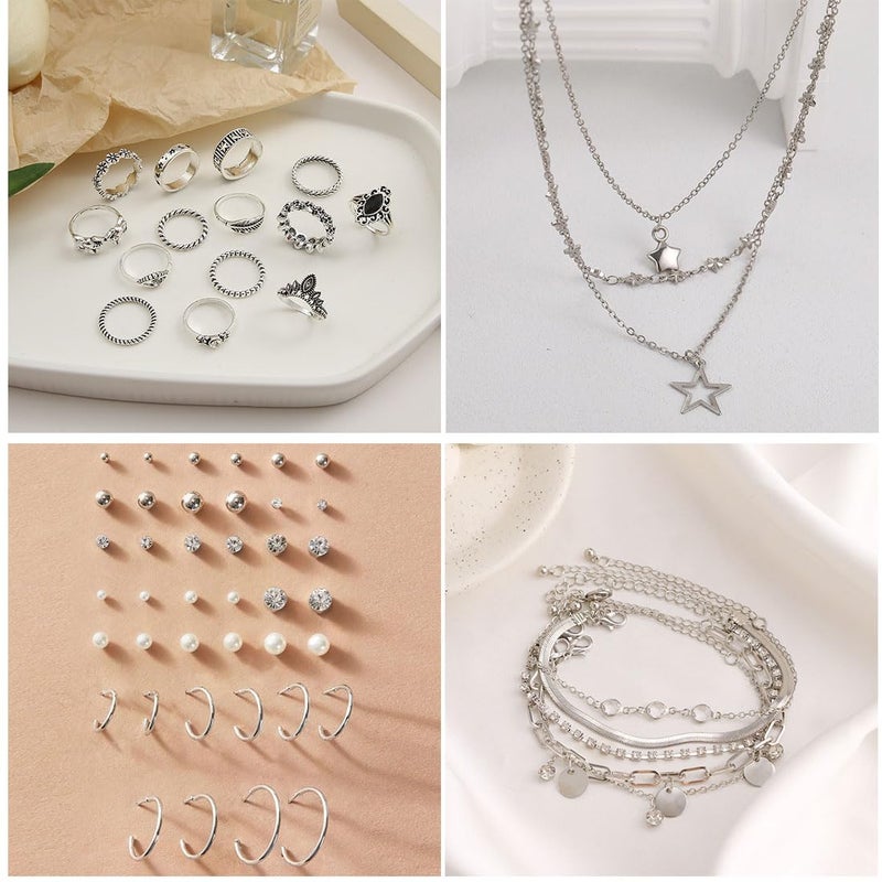 IFNODO 37pcs Silver Jewelry Set With 3 PCS Necklace, 14 PCS Bracelet, 7 PCS Ear Cuffs Earring, 6pcs Hoop Earrings,7pcs silver rings set For Women For Birthday Gifts (1009-1SL) - Image 5
