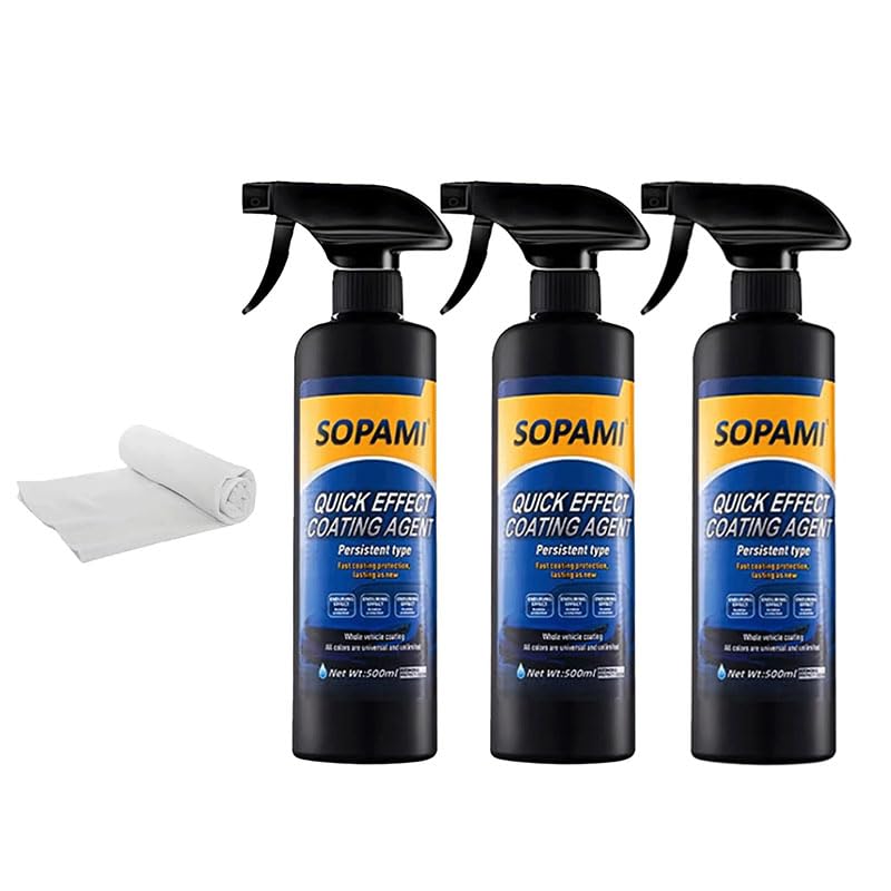 Sopami Car Coating Spray,Quick Effect Coating Agent,Quickly Coat Car Wax,Car Scratch Wax Polish Spray Waterless Wash,Oil Film Emulsion Glass Cleaner with towel (3 pcs) - Image 1