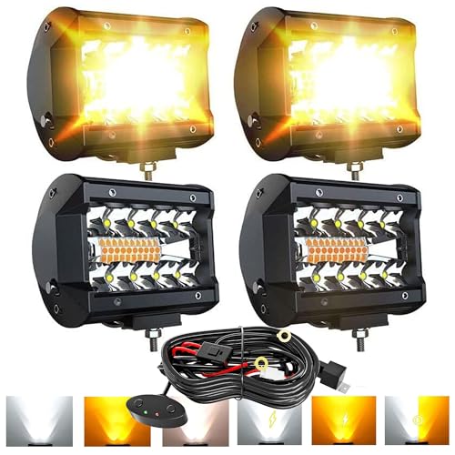 Feelon شريط إضاءة LED FEELON 4 قطع 4 بوصة أبيض/أصفر كهرماني مكافئ لإضاءة فلاش 240 واط مصابيح ضباب قيادة ثلاثية الصفوف للإضاءة على الطرق الوعرة مع ستة أوضاع لسيارات SUV و ATV و UTV والشاحنات ومصابيح البيك أب. - Image 1