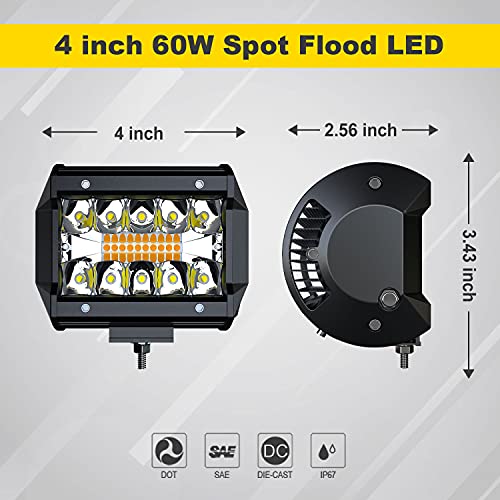 Feelon شريط إضاءة LED FEELON 4 قطع 4 بوصة أبيض/أصفر كهرماني مكافئ لإضاءة فلاش 240 واط مصابيح ضباب قيادة ثلاثية الصفوف للإضاءة على الطرق الوعرة مع ستة أوضاع لسيارات SUV و ATV و UTV والشاحنات ومصابيح البيك أب. - Image 3
