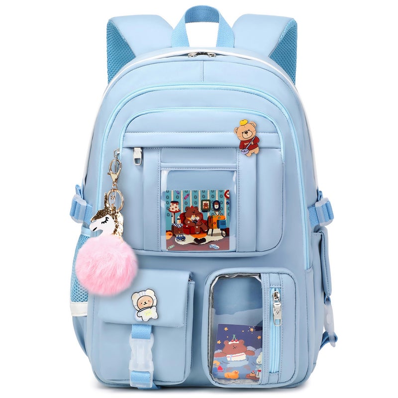 LXYGD Backpack for Girls with Accessories Laptop Bookbags 16 Inch Kawaii Kids Elementary Middle High School Bag College Travel Daypack Gifts for Teens Women Students Blue - Image 2