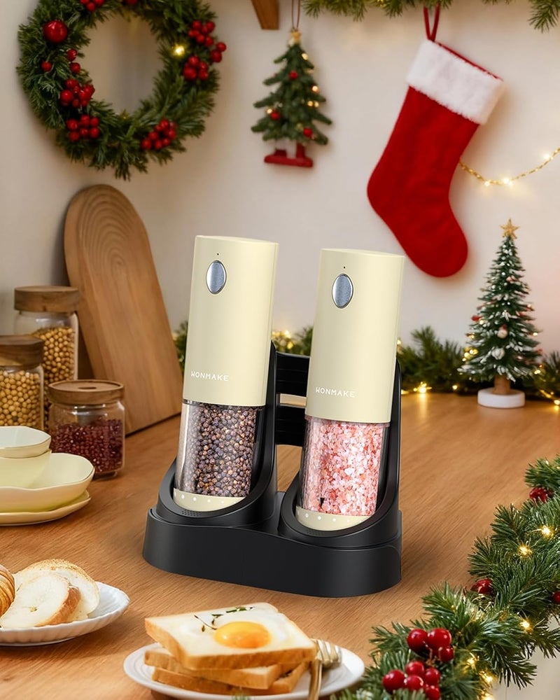 WONMAKE Electric Salt and Pepper Grinder Set - Automatic Refillable Salt and Pepper Grinders with Charging Base & LED Light, 6-Level Adjustable Coarseness with External Dial, Ideal Kitchen Gadget，Beige - Image 3