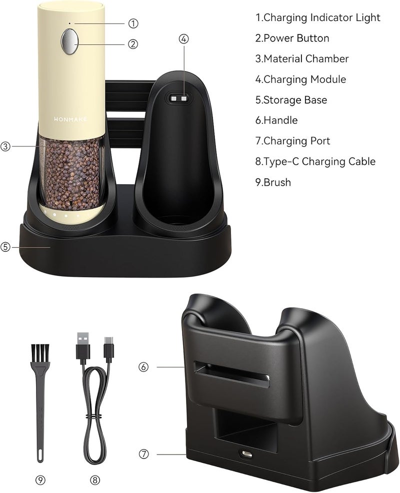 WONMAKE Electric Salt and Pepper Grinder Set - Automatic Refillable Salt and Pepper Grinders with Charging Base & LED Light, 6-Level Adjustable Coarseness with External Dial, Ideal Kitchen Gadget，Beige - Image 4