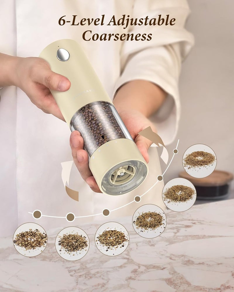 WONMAKE Electric Salt and Pepper Grinder Set - Automatic Refillable Salt and Pepper Grinders with Charging Base & LED Light, 6-Level Adjustable Coarseness with External Dial, Ideal Kitchen Gadget，Beige - Image 5