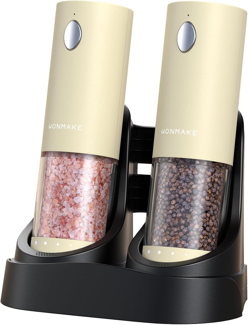 WONMAKE Electric Salt and Pepper Grinder Set - Automatic Refillable Salt and Pepper Grinders with Charging Base & LED Light, 6-Level Adjustable Coarseness with External Dial, Ideal Kitchen Gadget，Beige - Image 1