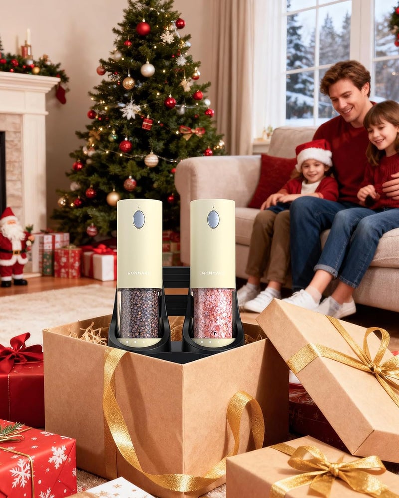 WONMAKE Electric Salt and Pepper Grinder Set - Automatic Refillable Salt and Pepper Grinders with Charging Base & LED Light, 6-Level Adjustable Coarseness with External Dial, Ideal Kitchen Gadget，Beige - Image 2