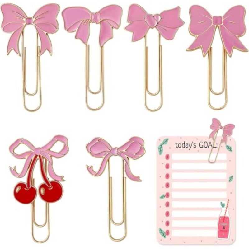 6 PCS Paper Clips Cute Paperclips Metal Bookmarks Coquette Style Office Supplies for Planner School Work Notes Gift Decoration, Pink Bows - Image 1