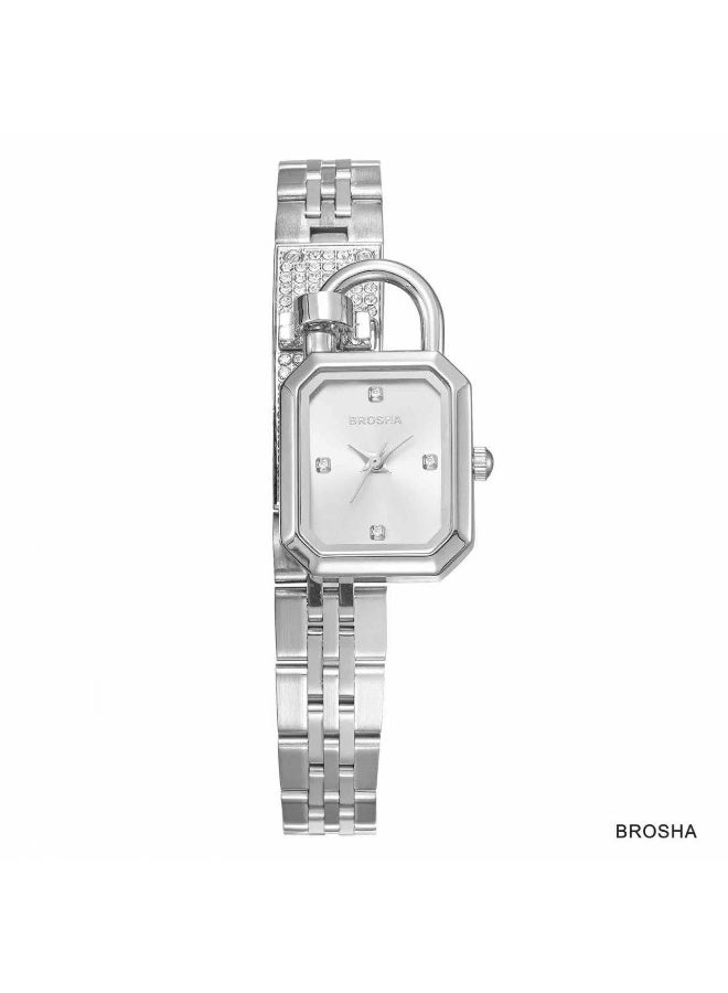 A silver women's wristwatch from the Brosha brand with a unique lock-shaped design.