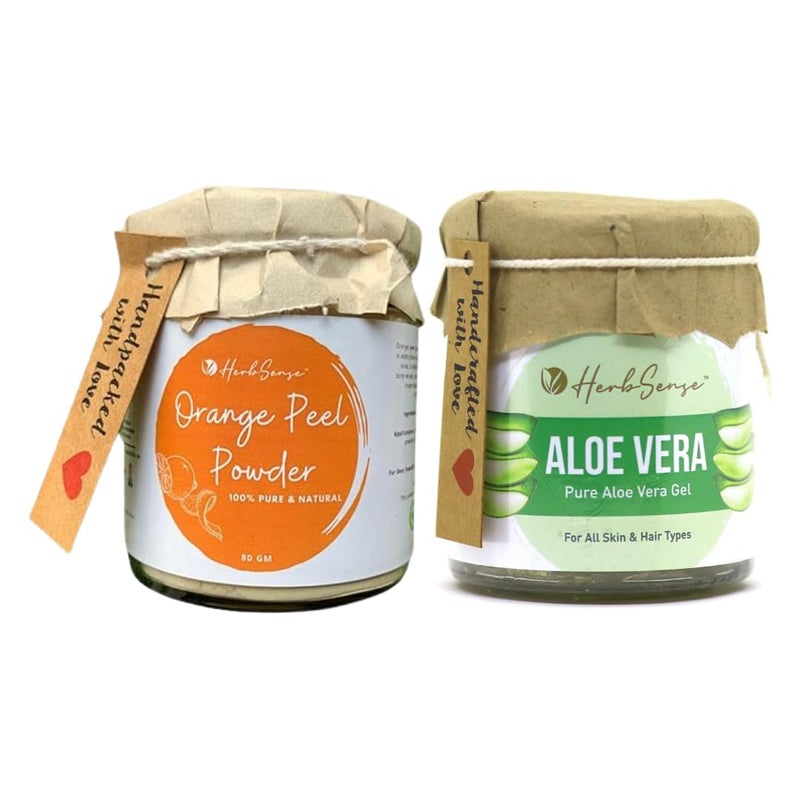 Herbsense Orange Peel Powder Pure Aloe Vera Gel Combo Pack For Healthy Clear Glowing Skin Face PackAloe Vera Gel 150 GM Orange Peel Powder 80 GM Glass Jar Packing - Image 1