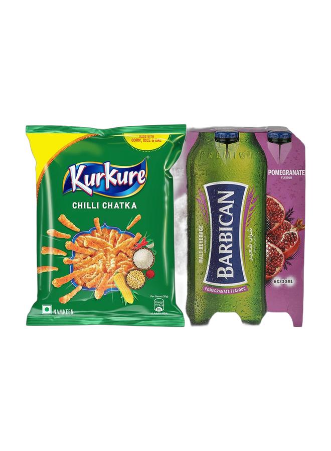 noon Kurkure Chilli Chatka 72grams + Barbican Pomegranate Flavoured Non-Alcoholic Malt Beverage NRB Pomegranate 330ml Pack of 6 - Image 1