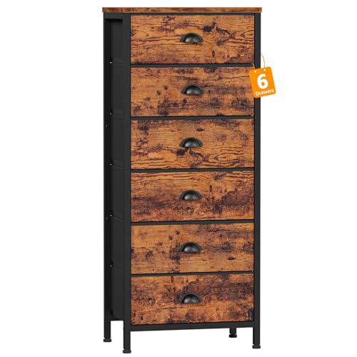Furnulem Tall Dresser with 6 DrawersVertical End Table and Nightstand for BedroomIndustrial Dorm Bedside Furniture with Fabric Storage Drawer Organizer in Living RoomClosetEntrywayRustic Brown