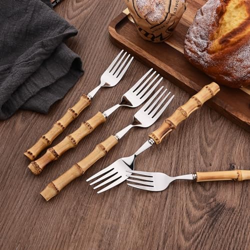 Uniturcky Dinner Fork Set, 8-Piece Natural Bamboo Forks, 18/8 Stainless Steel with Bamboo Handle, Silver Mirror Finish, Unique Design, 8.27 Inch - Image 3